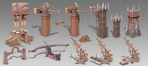 Ancient siege equipment catapults crossbow bolts watchtower guard tower gates reject horses