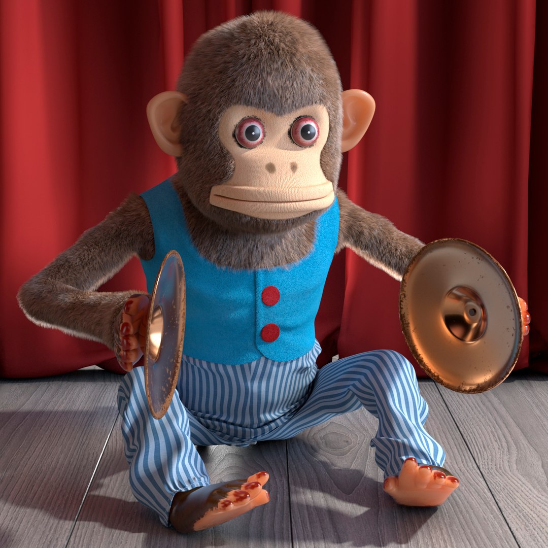 Windup Monkey Toy With Cymbals Blue Striped Fur 3D