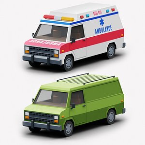 3D Stylized Cartoon Ambulance and Delivery Van 80s Low-poly