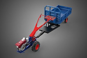 3D model DIESEL HAND WALKING WALK BEHIND TRACTOR TRAILER CART CARGO WAGON