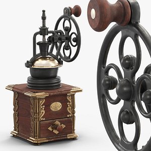 Vintage Coffee Mill with Crank Handle and Ornate Box Brown Gold