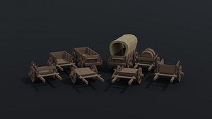 Low-poly cartoon medieval carts asset model