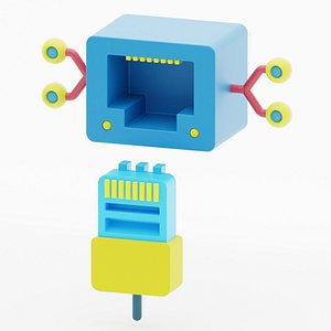 3D model Ethernet port 3d icon represented with LAN cable head and plug