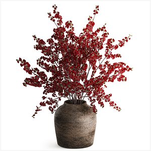 Formal bouquet red cherry blossom branches sakura vase decor 3D