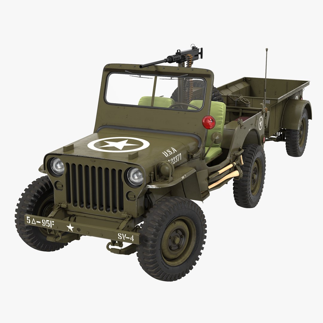 Willys Jeep MB 44 with Trailer Rigged 3D Model