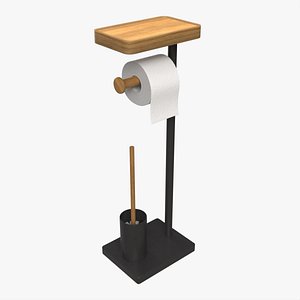 Toilet Brush with Stand and Toilet Paper on Holder 3D model
