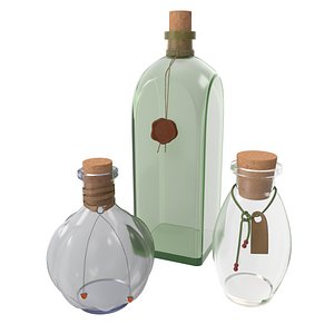 Retro glass milk bottles with wood box and glass 3D model