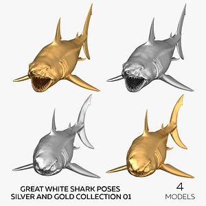 3D Great White Shark Poses Silver and Gold Collection 01 - 4 models