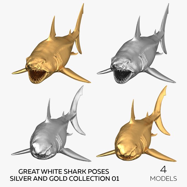 3D Great White Shark Poses Silver and Gold Collection 01 - 4 models