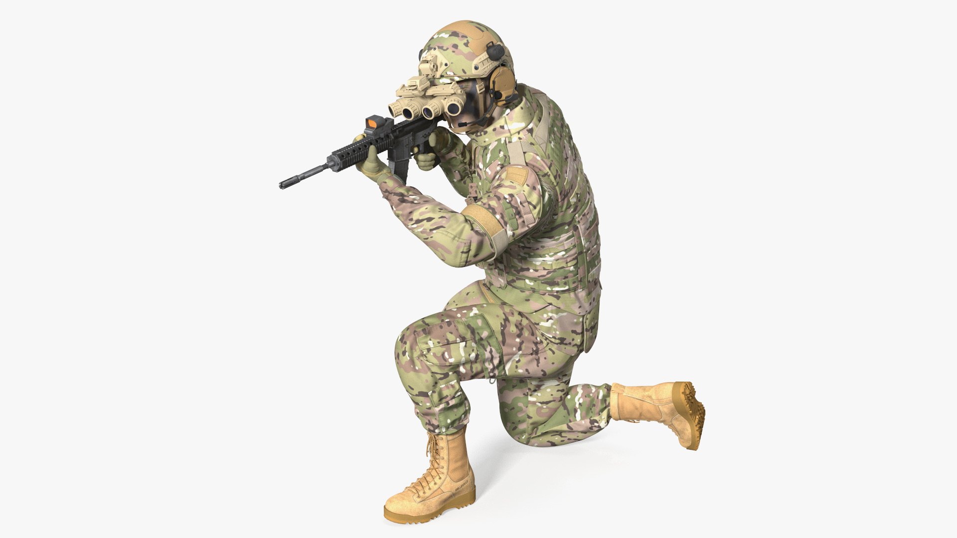 Soldier in Green Camo with Night Vision Aiming 3D model preview