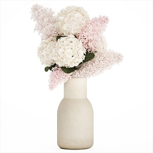 Beautiful white bouquet vase branches of hydrangea lilac 558 3D model