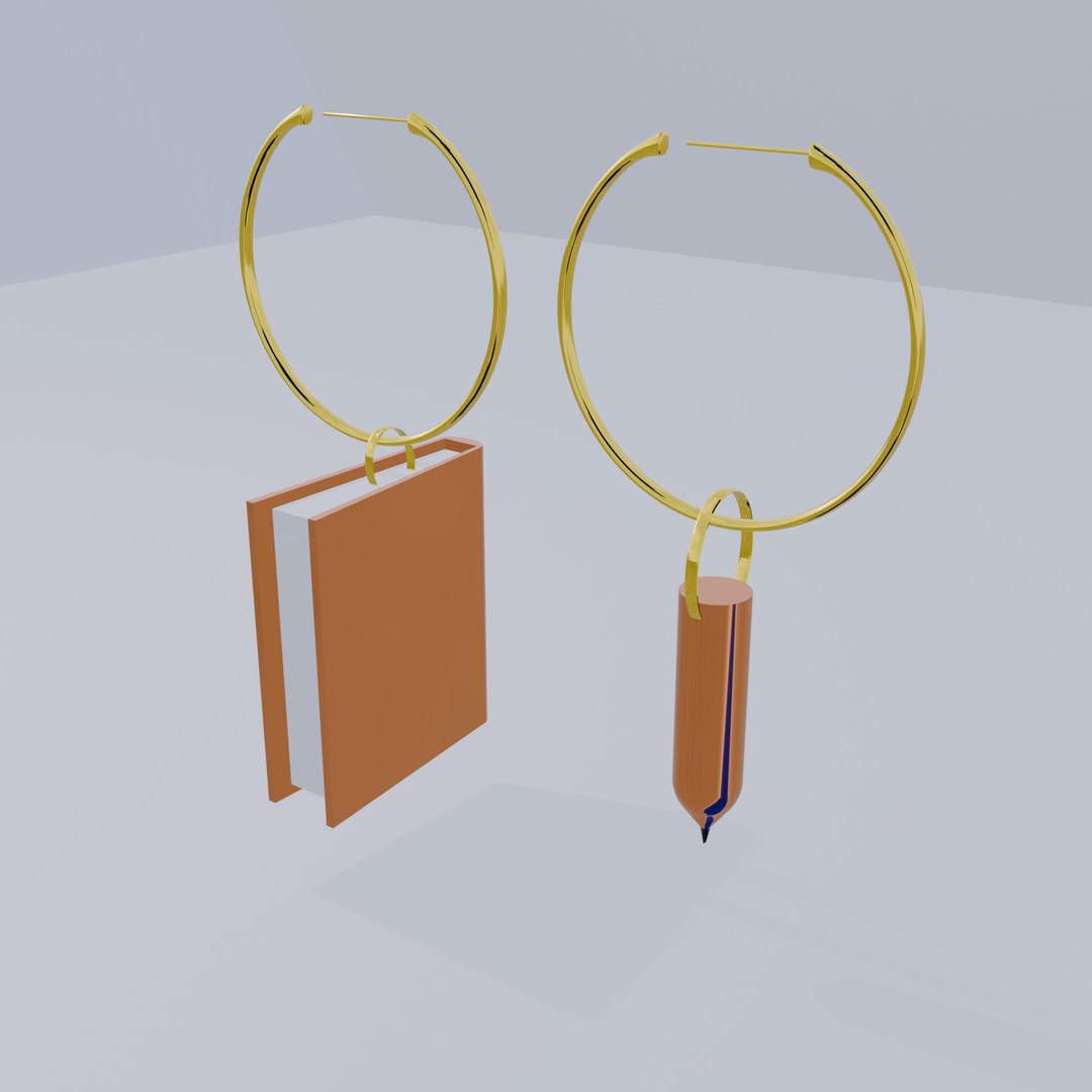 Gold Earrings Or Pendants In The Shape Of A Pencil And A Book 3D Model ...