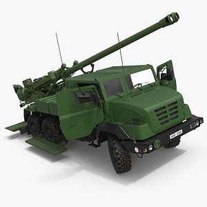 3D Military Artillery Carrier With Mounted Howitzer Rigged