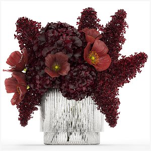 3D model Bouquet of burgundy flowers in a vase lilac poppy hydrangea