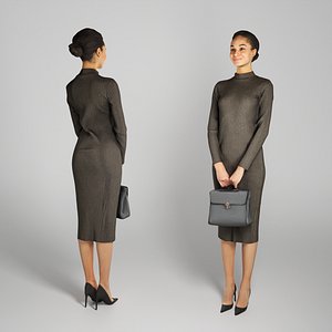Slim beautiful woman in black midi dress with bag 239