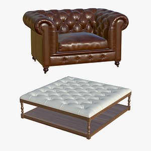 Chesterfield Brown Sofa With Coffee Table 3D model