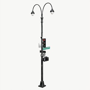 3D LowPoly Traffic light with street lamp 2