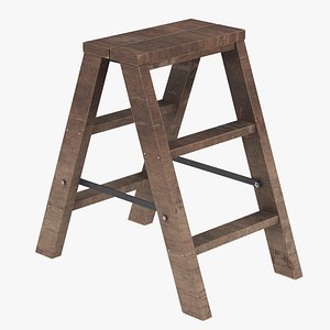 3D 2 Step Wooden Ladder Dark Wood model