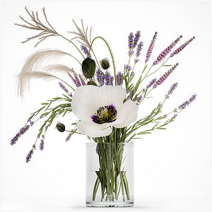 3D bouquet white wild flowers poppy Lavender pampas 453 model