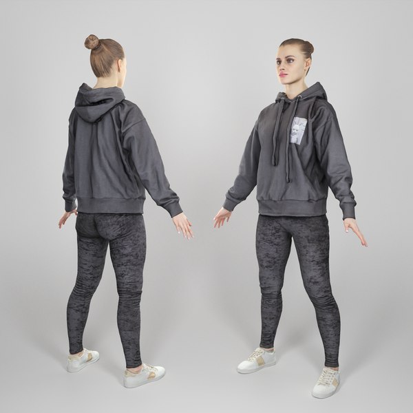3D Young woman in black hoodie ready for animation 291 model
