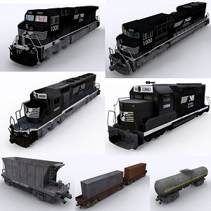 3D model Norfolk Southern EMD GE Locomotives with Cargo Carriages