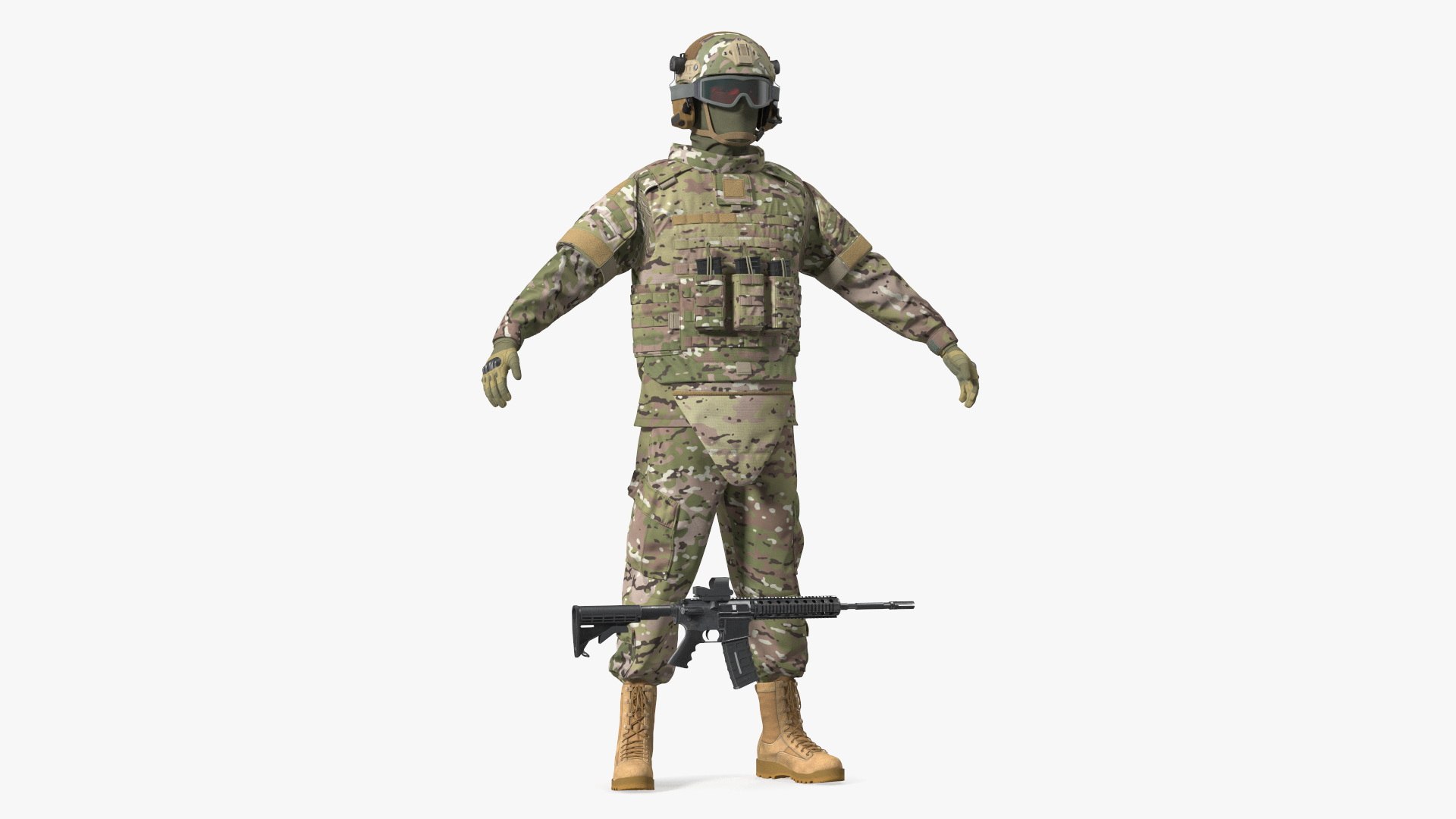 Military Soldier in Green Camo A-pose Fur 3D model preview