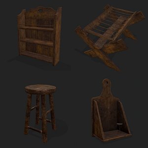 Rustic Medieval Wood Furniture Mix Two 3D