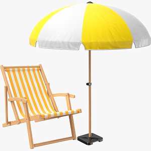 Detailed Yellow Beach Umbrella And Chair 3D model