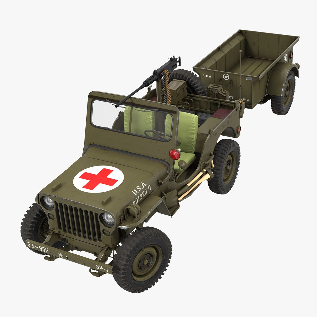 Willys Jeep MB 44 with Trailer Ambulance Rigged 3D Model