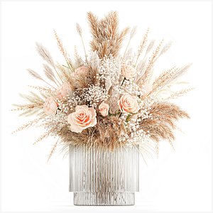 Bouquet Dried Flowers Pampas Rose Glass Vase Decor 3D model