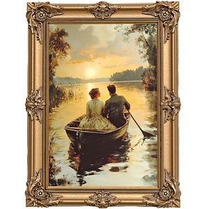 A classic painting wooden frame with romantic sunset landscape 3D model