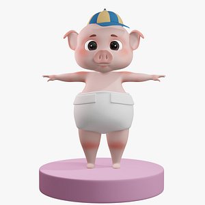 3D model Cartoon Baby Pig with HAT