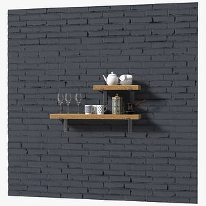 Shelf With Kitchenware Brick Wall 3D