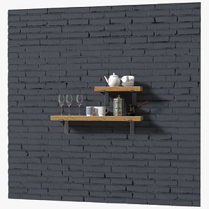 Shelf With Kitchenware Brick Wall