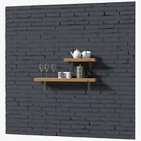 Shelf With Kitchenware Brick Wall