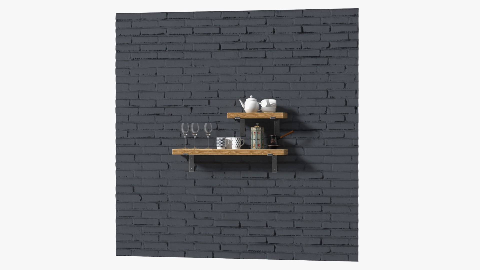 Shelf With Kitchenware Brick Wall 3D model preview