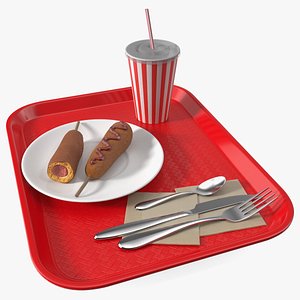 3D Fast Food Tray with Corn Dogs and Beverage