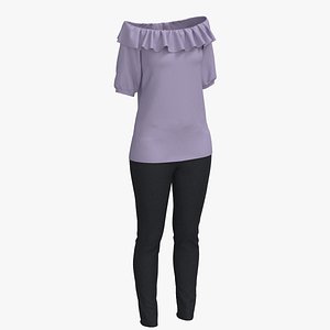 Ruffle Collar Blouse Outfit 3D model