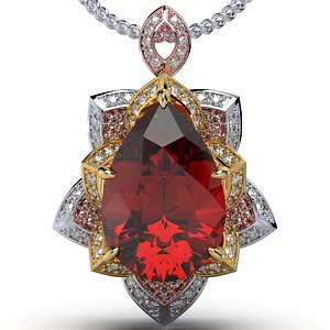 Jewelry Pendant Flower Style 3D Model Design Pear Shape Ruby Gemstone With Diamonds - CC123