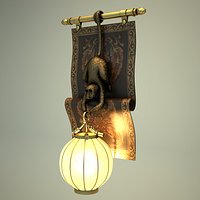 Eggshell Inlaid Lantern Wall Lamp with Hanging Monkey on Floral Coromandel Panel