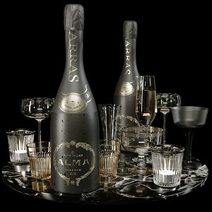 3D Alcoholic set of elite sparkling wine and a glass model