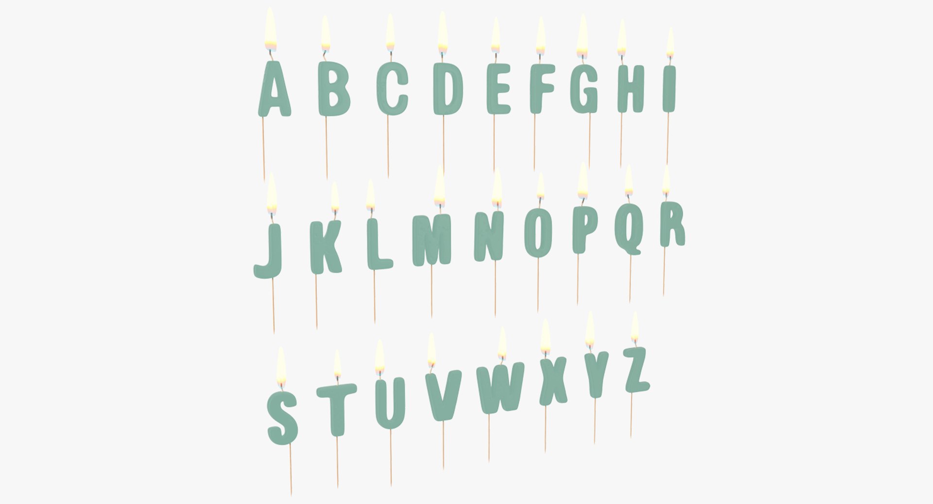 Alphabet Birthday Candles 3D Models Set with Flame 3D model preview