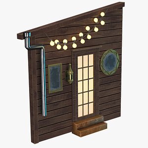 3D door with wooden wall and lamps
