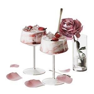 Romantic Strawberry Dessert and Rose Flower Set 3D model
