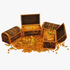3D treasure box gold coin jewelry gem