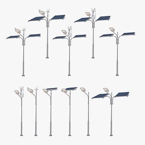 3D 11 Street Lamps With Solar Panels and Wind Turbines