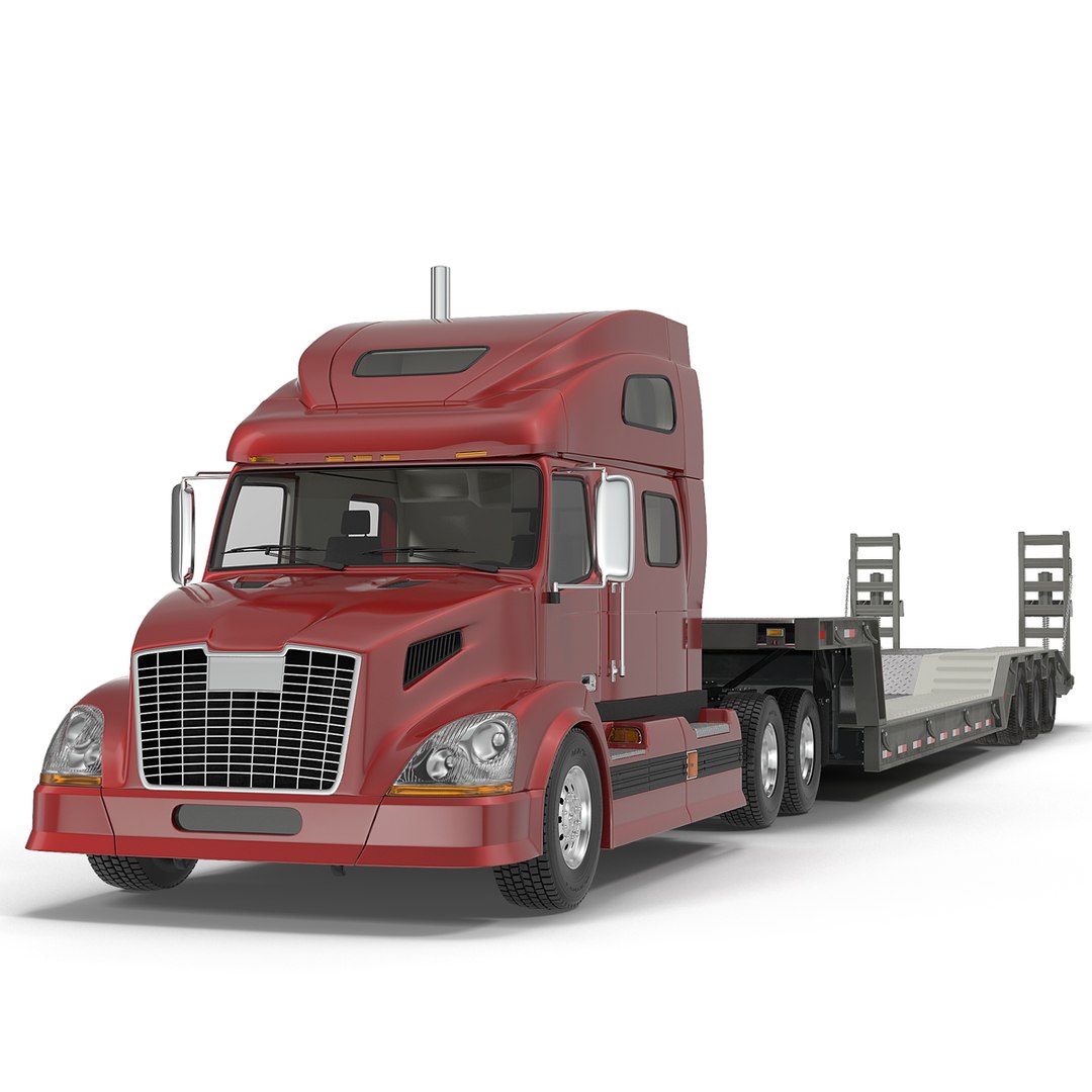 Truck and Double Drop Lowboy Tri Axle Trailer 2 3D model preview