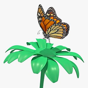 Animated Monarch Butterfly Takes Off from Swinging Flower with Fur Rigged(1)
