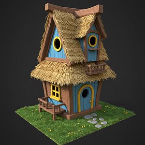 3D model Stylized Wooden Cottage with Thatch Roof