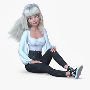 3D model Cartoon Girl Blonde Casual Sitting White